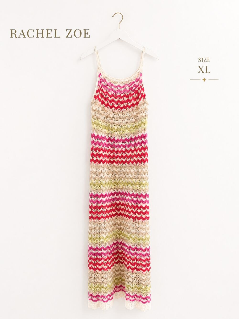Rachel Zoe Crochet Knit Maxi Dress XL Multicolor Chevron Striped Resort Dress